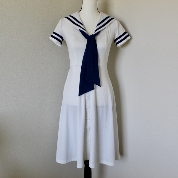 Vintage Dresses & Skirts - Vintage White & Navy Blue Sailor Dress